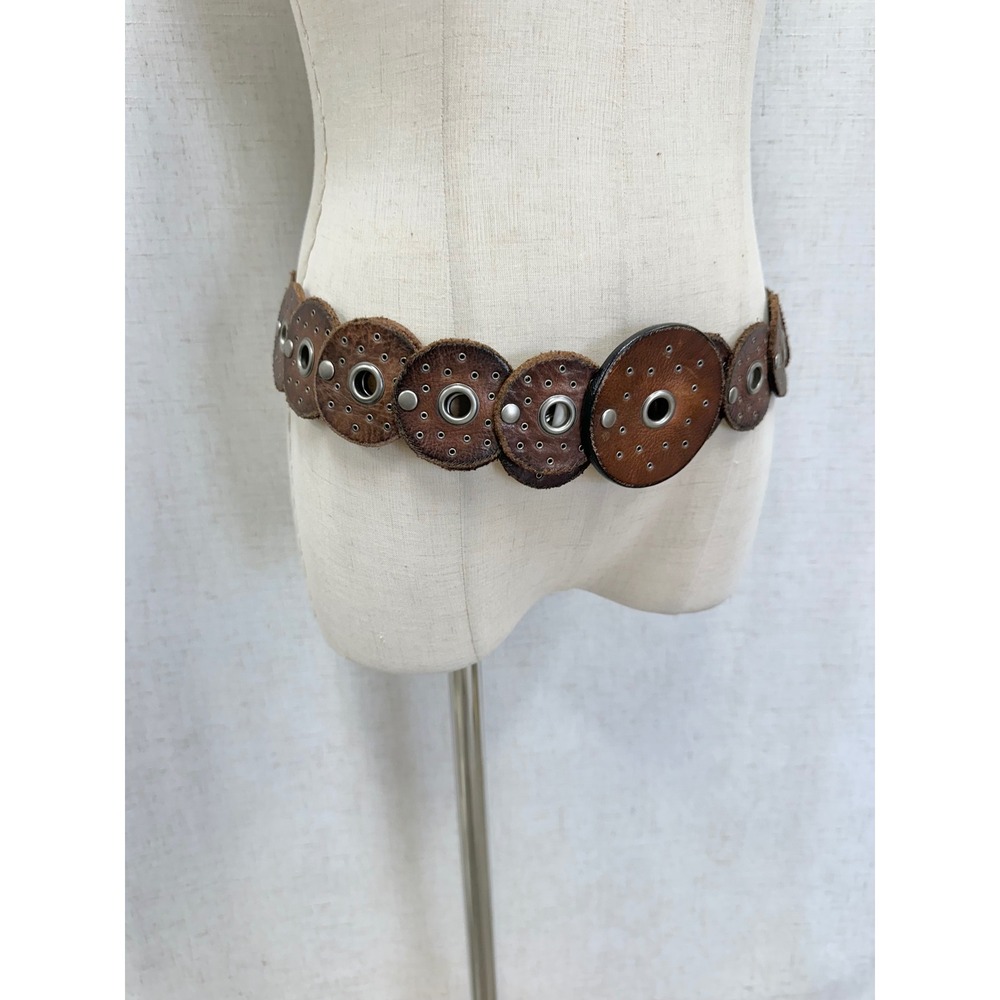 Western boho leather Disc Concho Belt‎ Brown silver grommets SML/MED adjustable - Picture 13 of 16